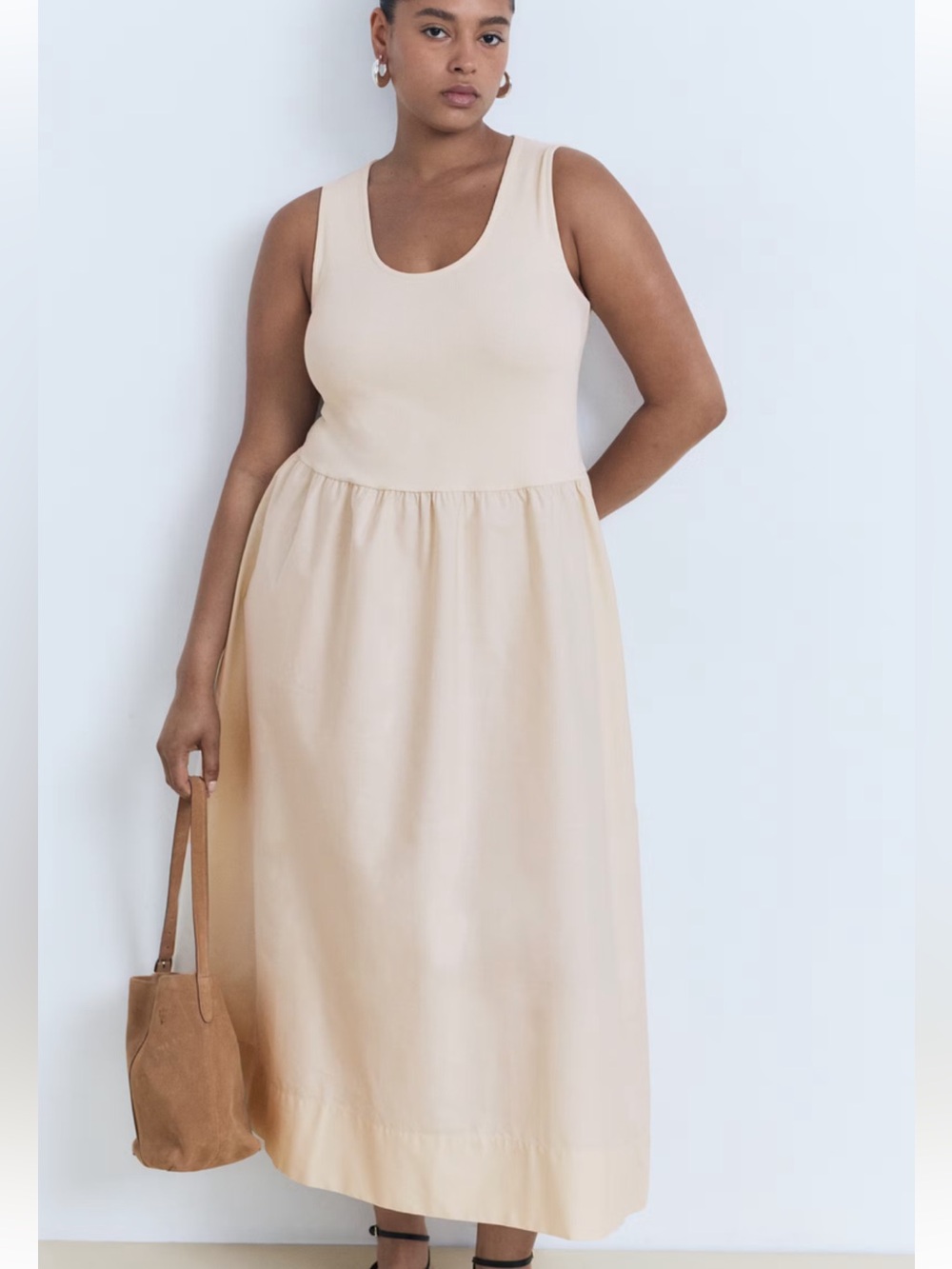 Mango Flared Maxi Dress In Combined Sleeveless Scoop-Neck in Beige